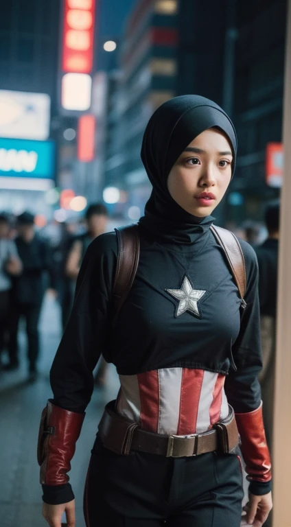 a malay teenage girl in hijab and captain america suit standing in action in front of bustling kuala lumpur malaysia city streets, serious face, nighttime, 35mm lens, Extreme close-up, pastel color grading, depth of field cinematography effect, film noir genre, 8k resolution, high quality, ultra detail