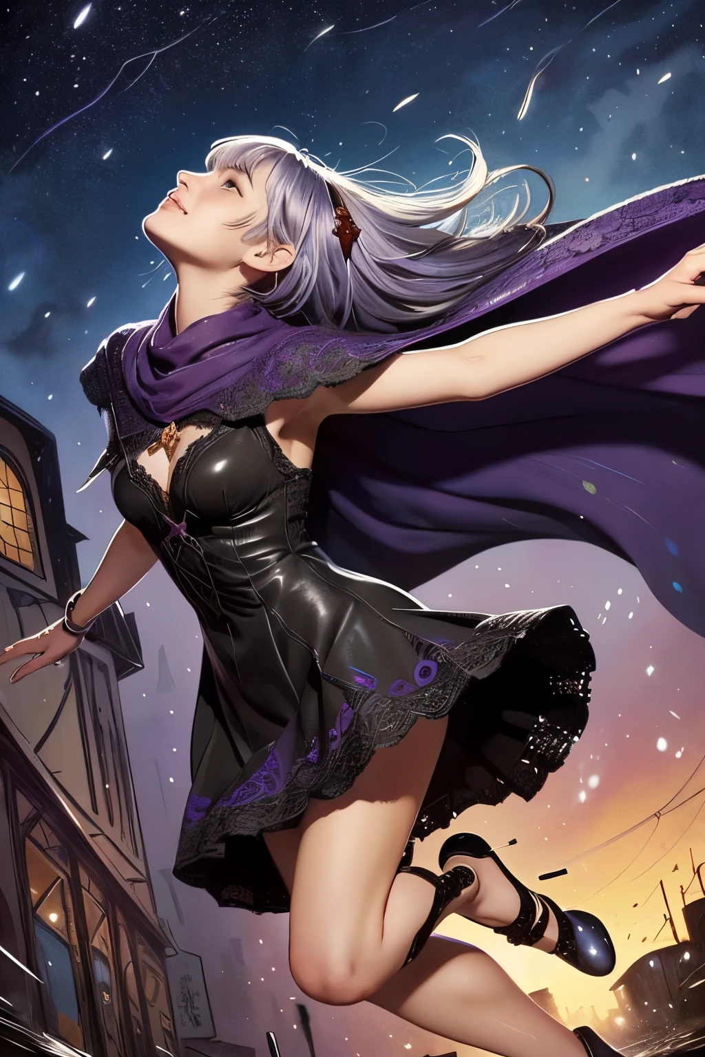 (Ultra-detailed face, smile), (Fantasy Illustration with Gothic & Ukiyo-e & Comic Art), (A young-aged dark elf woman with silver hair, blunt bangs, very long disheveled hair and dark purple skin, lavender eyes), (She holds a colorful scarf, wears a lacy, geometric orange cape dress, and laced sandals), BREAK (She is dancing flamenco in the heavy rain, looking up at the sky, jumping and turning in big, bold poses. Her body is glistening)