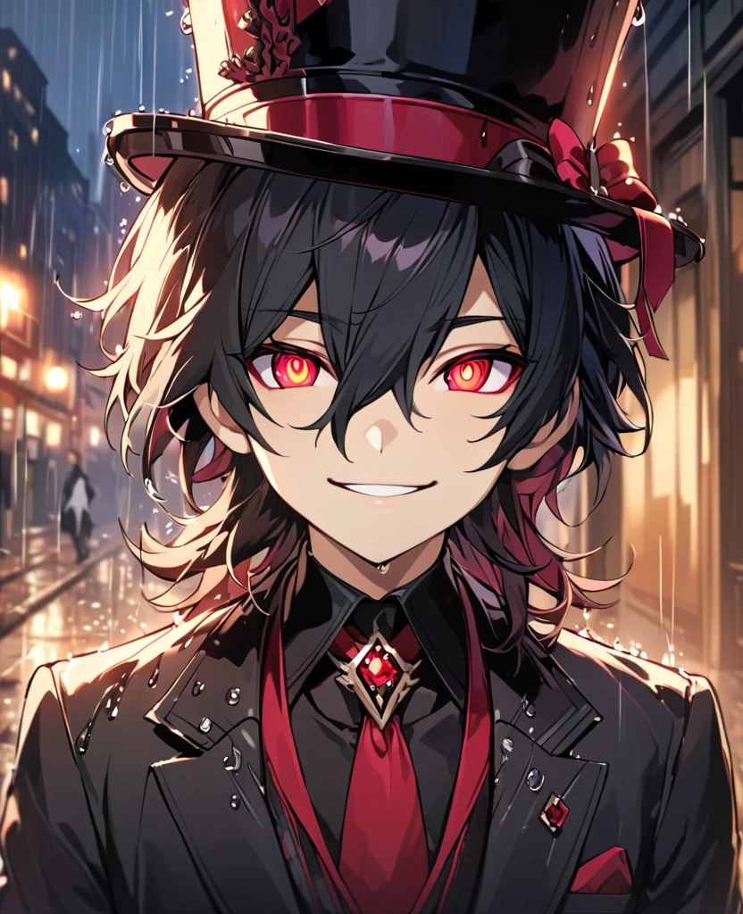  (black_hair), (deep_ruby_eyes), (detailed_eyes), (smile), (attractive), (street_background), (raining), (glowing_eyes), (male), (wearing _a_black_suit), (long_male_hair), (detailed_Hair), (detailed), (detailed_mouth), (top_hat), (close_up)