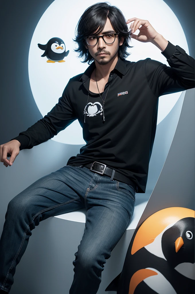 free fire male character, with a black shirt with a drawing of a penguin in the center, short white hair and black glasses
