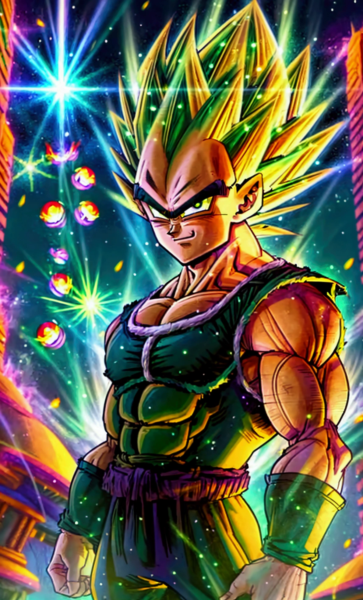 (full-body shot, dragon ball Super art style), ((young muscular bulky brawny, one saiyan monkey tail, Vegeta, Full power Legendary Super Saiyan, all glowing green hair, thicker eyebrows, glowing yellow eyes, subtle grin expression), (in a big bang attack stance, green kai lightning surrounds him), (all black clothes), (night with city in the background), ((solo)),