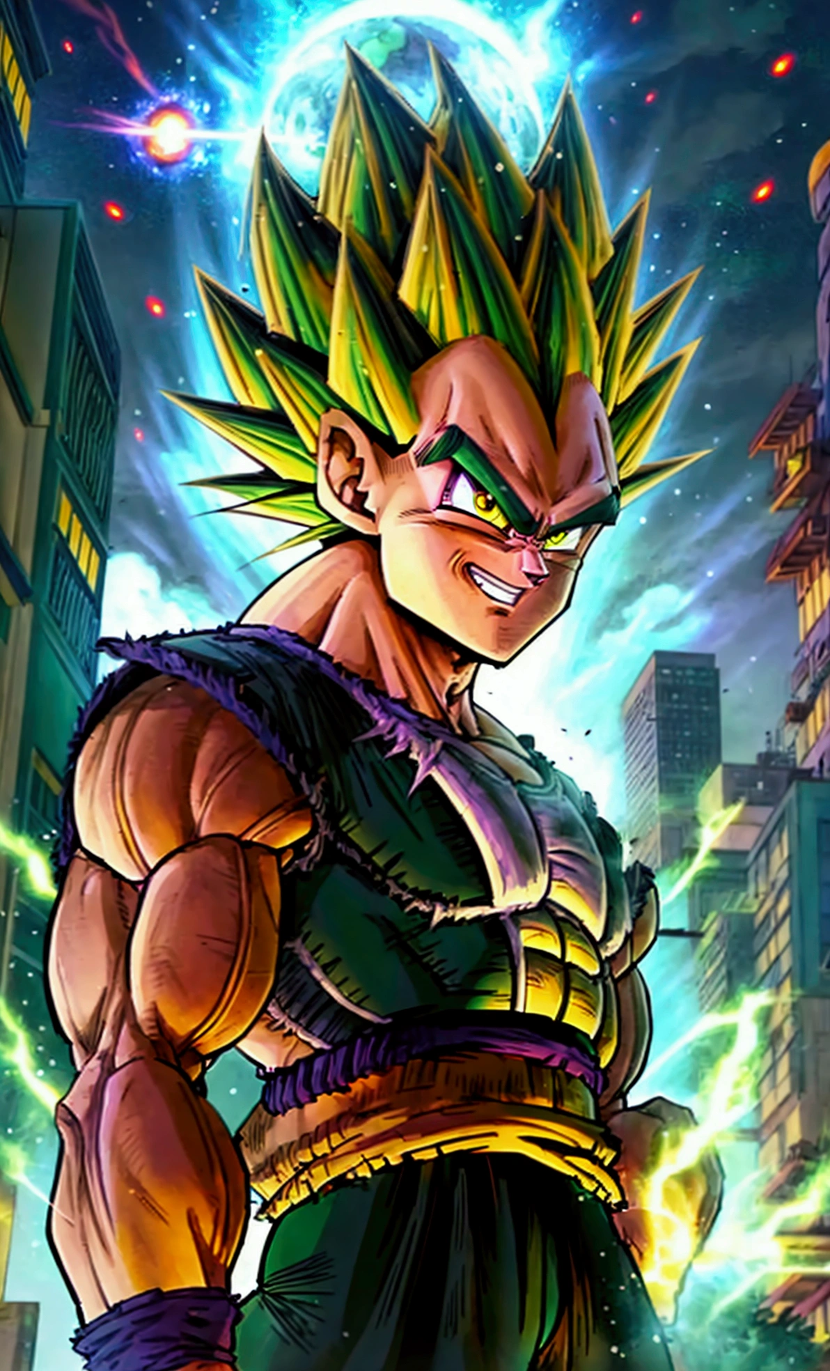 (full-body shot, dragon ball Super art style), ((young muscular bulky brawny, one saiyan monkey tail, Vegeta, Full power Legendary Super Saiyan, all glowing green hair, thicker eyebrows, glowing yellow eyes, subtle grin expression), (in a big bang attack stance, green kai lightning surrounds him), (all black clothes), (night with city in the background), ((solo)),