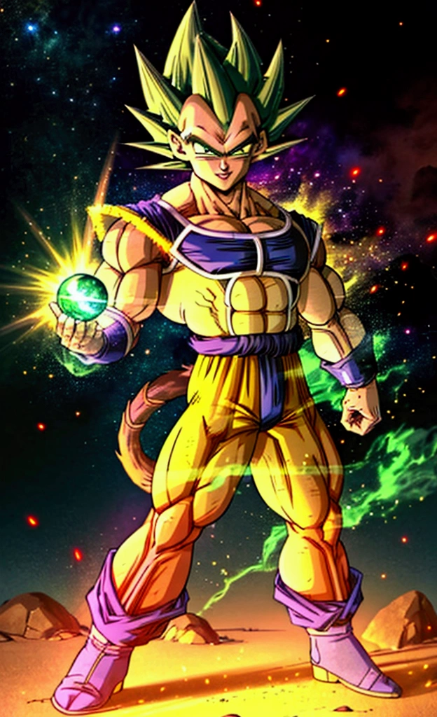 (full-body shot, dragon ball Super art style), ((young muscular bulky brawny, one saiyan monkey tail, Vegeta, Full power Legendary Super Saiyan, all glowing green hair, thicker eyebrows, glowing yellow eyes, subtle grin expression), (in a big bang attack stance, green kai lightning surrounds him), (all black clothes), (night with city in the background), ((solo)),