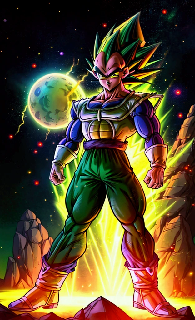 (full-body shot, dragon ball Super art style), ((young muscular bulky brawny, one saiyan monkey tail, Vegeta, Full power Legendary Super Saiyan, all glowing green hair, thicker eyebrows, glowing yellow eyes, subtle grin expression), (in a big bang attack stance, green kai lightning surrounds him), (all black clothes), (night with city in the background), ((solo)),