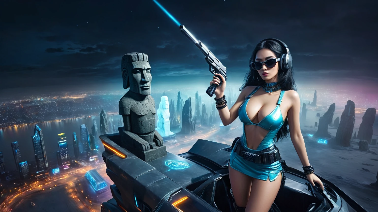 At night, dark sky, distant shot aerial view of fantasy cyberpunk style ice ((Moai-statue)) city, ((flying car)). ((1girl, solo, alone)), medium-breast:1.1 slim body, cleavage, sexy clothes, (headphone, black sunglasses, long black realistic hair), (((hip-up standing and holding pistol))), half-body thigh level medium shot, cinematic lighting.
