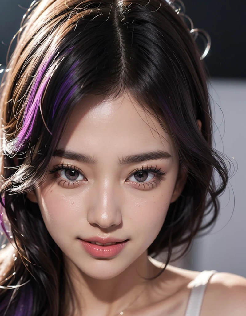 1 girl, 19 years old, south korean, 4k, masterpiece, realistic, realistic textures, frekles under eyes, long whavy black hair, purple fade hair, shining purple eyes, detailed pupils, pink lips, red eyeliners, naked, happy, big smile, closed mouth, multiple of frekles under eyes, detailed face, detailed eyes, facing camera, bright colors, close up, face focus.