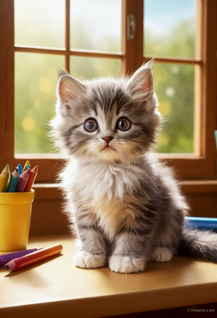 Create a heartwarming scene featuring a cute kitten with fluffy fur and large round eyes. The kitten should be in a cozy classroom filled with bright, sunny windows. The classroom should have a warm and welcoming atmosphere, with several other kittens sitting together, sharing colorful crayons and enjoying yummy snacks during their breaks. The overall image should convey a sense of friendship, fun, and comfort.