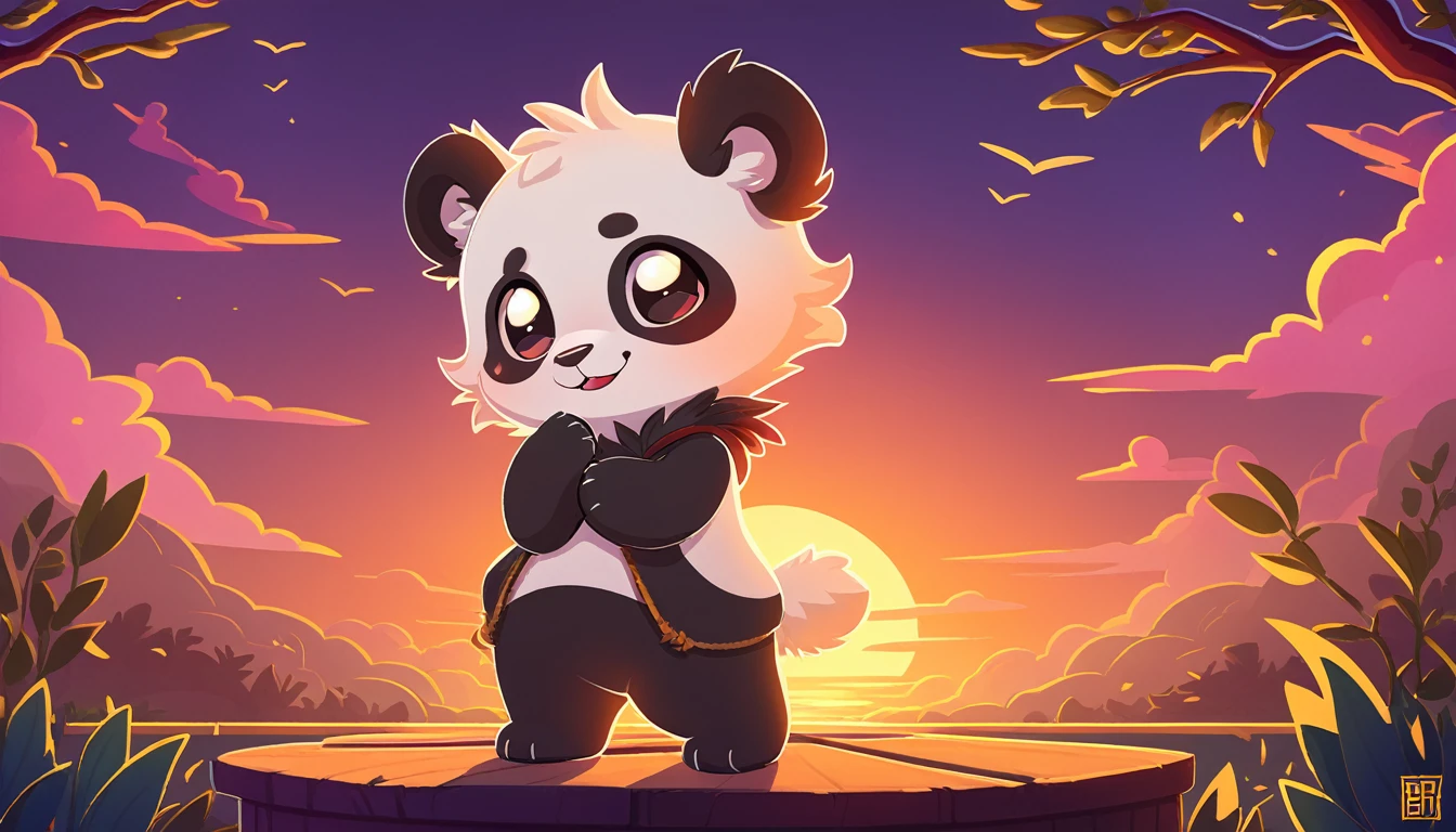 Super fluffy baby panda in Dreamworks art style, Evening background