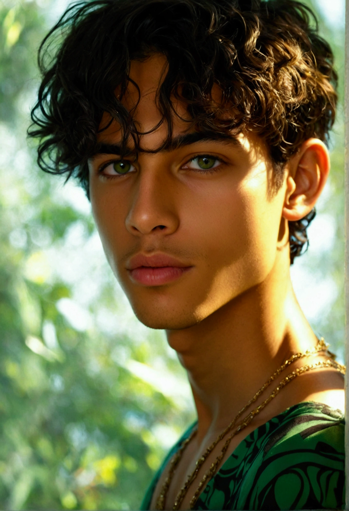 1 hermaphrodite boy, light green and friendly round eyes, healthy clear skin a little golden, full lips, Hispanic Latino mestizo, short wavy blonde hair