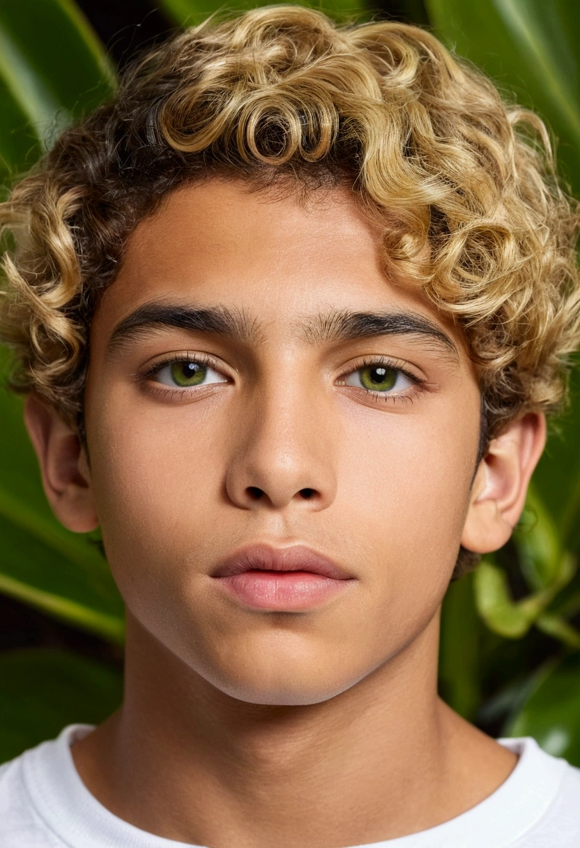 1 hermaphrodite boy, light green and friendly round eyes, healthy clear skin a little golden, full lips, Hispanic Latino mestizo, short wavy blonde hair