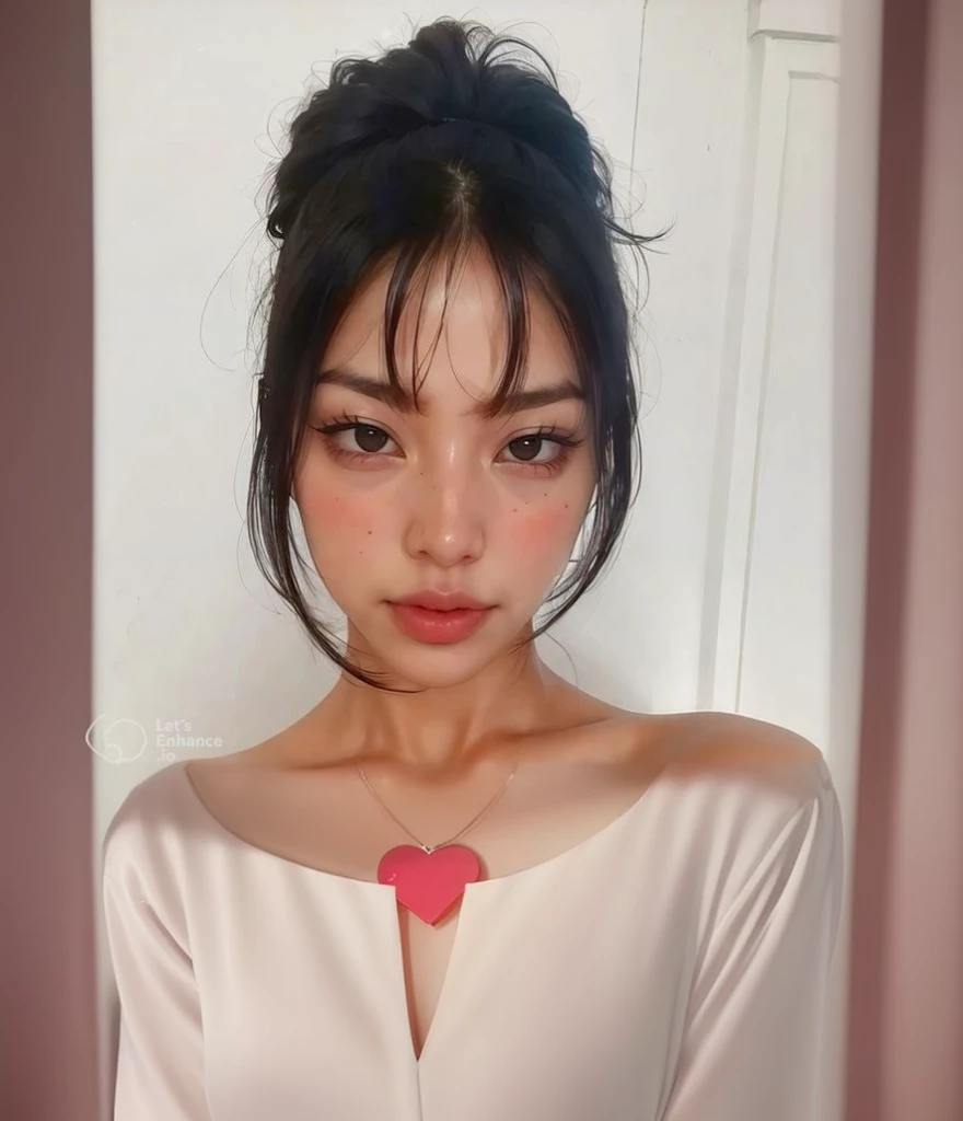 A white blouse,deep heart-shaped neckline