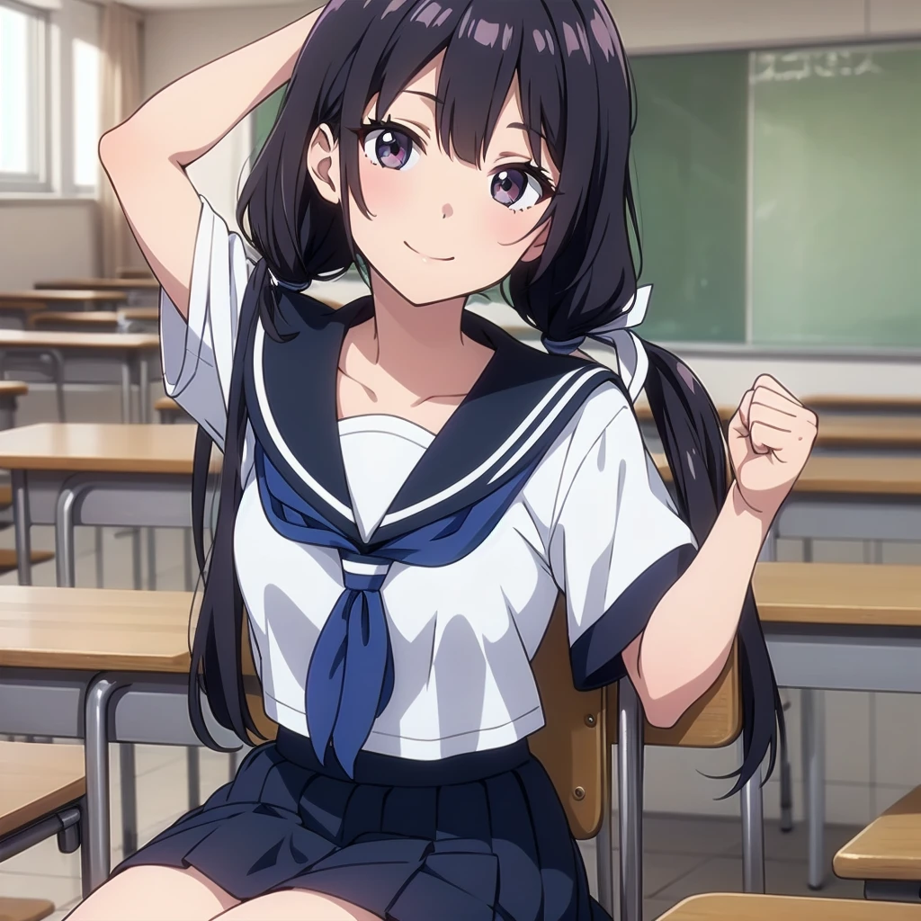 1girl, sitting, arm up on chest, fist, motivated, (head tilt), smile, ,
classroom, indoors, school chair, school desk, (low twintails girl), low pigtails, hair ribbon white, very long black hair,
white serafuku with blue ribbon, navy-blue collar, navy-blue skirt,
(dark brown eye), afternoon, summer,
school,
(from front:1.4), upper body,
anime, high brightness, detailed face, detailed eyes,
(high quality, ultra detailed, masterpiece, FHD)
