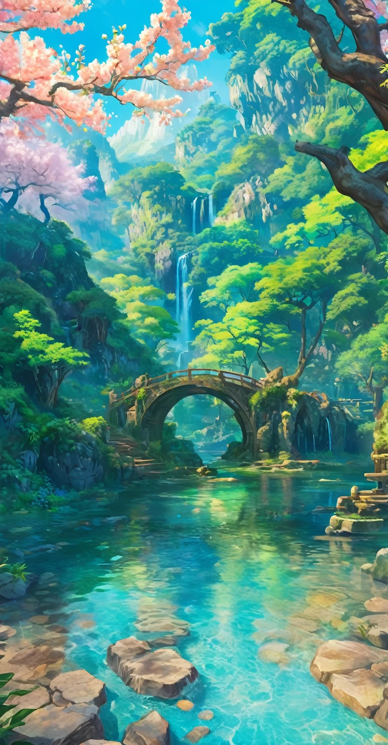Chinese ancient times, spring, jungle, lake, cave, waterfall, tree, meadow, rock, deer, hot spring, water vapor, (illustration: 1.0), epic composition, realistic lighting, HD details, masterpiece, best quality, (very detailed CG unified 8k wallpaper), digital painting, локация, локация из игры, большая локация, светящиеся эффекты на заднем плане, туман на первом плане с эффектами сияния, красочное, нет персонажей, без персонажей, только локация, милый стиль, аниме стиль, ночью
