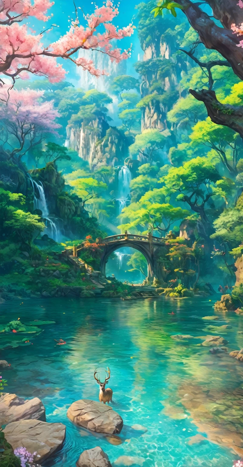 Chinese ancient times, spring, jungle, lake, cave, waterfall, tree, meadow, rock, deer, hot spring, water vapor, (illustration: 1.0), epic composition, realistic lighting, HD details, masterpiece, best quality, (very detailed CG unified 8k wallpaper), digital painting,  локация, локация из игры, большая локация, светящиеся эффекты на заднем плане, туман на первом плане с эффектами сияния, красочное, нет персонажей, без персонажей, только локация, милый стиль, аниме стиль, ночью
