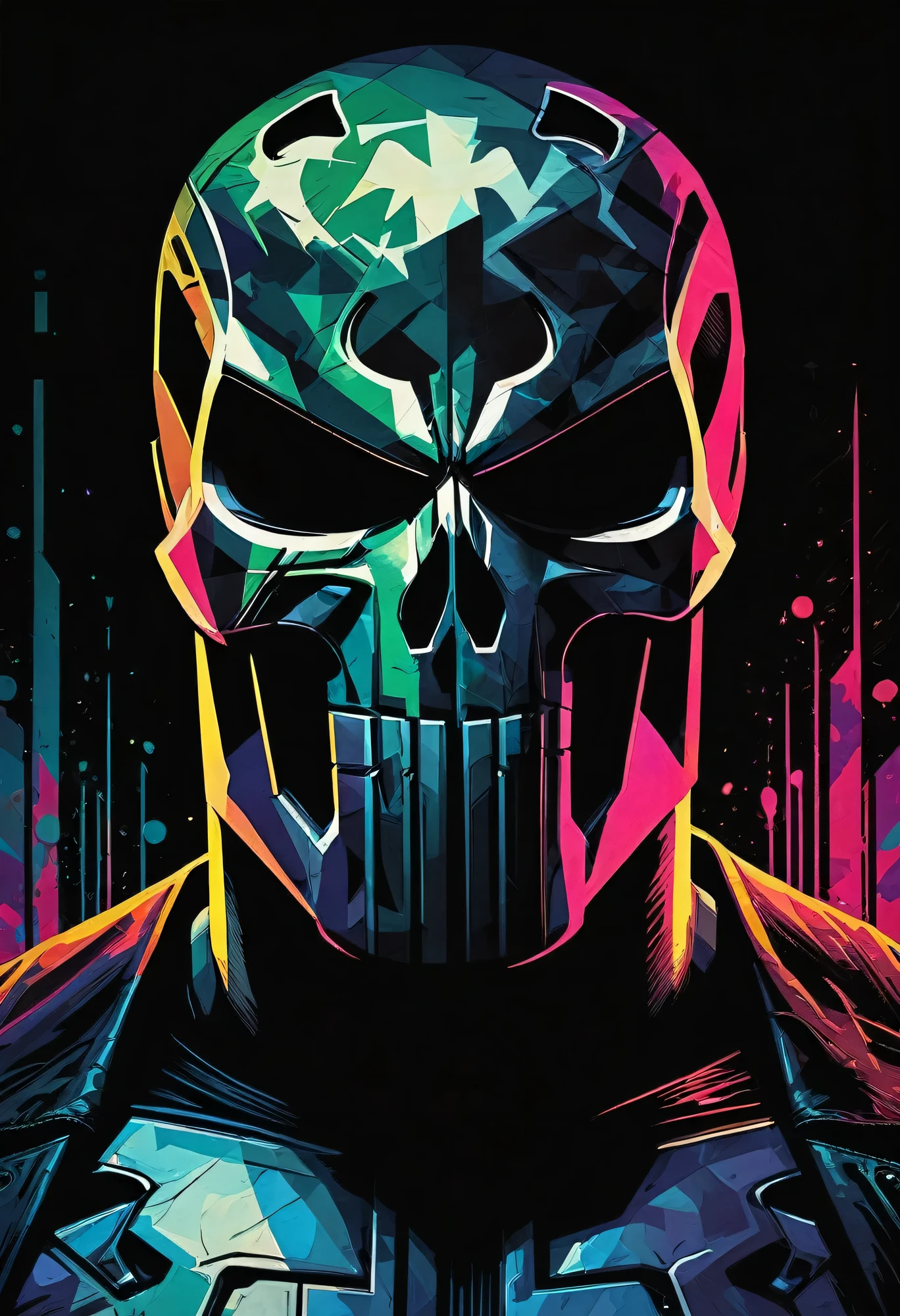 A brooding vigilante, embodying elements of Pop Art, and Cubism styles, exudes a grunge undertone in a movie poster aesthetic. Vibrant tetradic colors pop against a black light spot, creating a high-octane energy. This captivating image captures the Punisher in a dynamic and edgy manner, blending different art styles seamlessly. The details in the artwork are exquisite, showcasing the character's intense nature and complexity. The high quality of the image is undeniable, drawing viewers into the intense world of the Punisher. Sinister atmosphere. Full body.