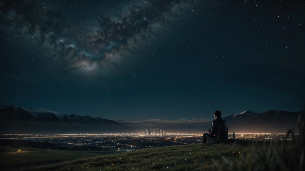 Man sitting alone, resting under a tree in a high-altitude field, looking at the view of the futuristic city at night.
