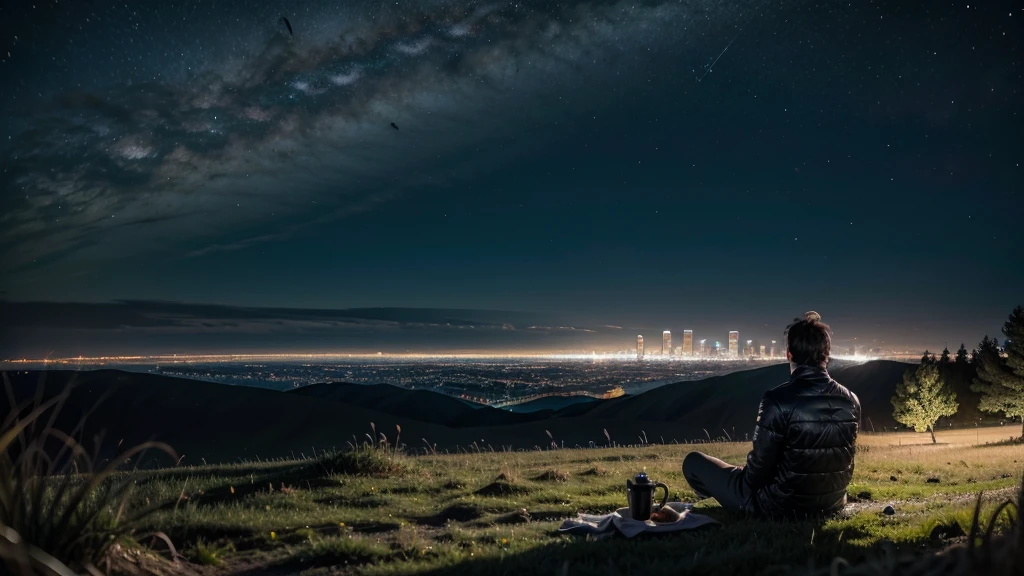 Man sitting alone, resting under a tree in a high-altitude field, looking at the view of the futuristic city at night.