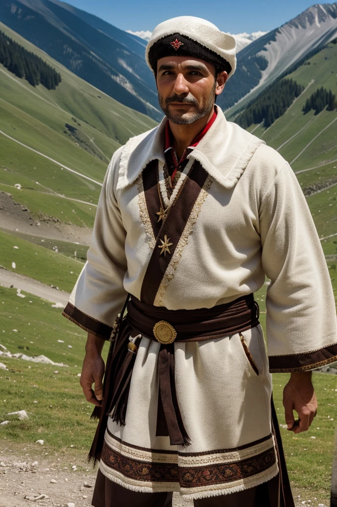 A man in a Caucasian national costume in the Caucasus mountains