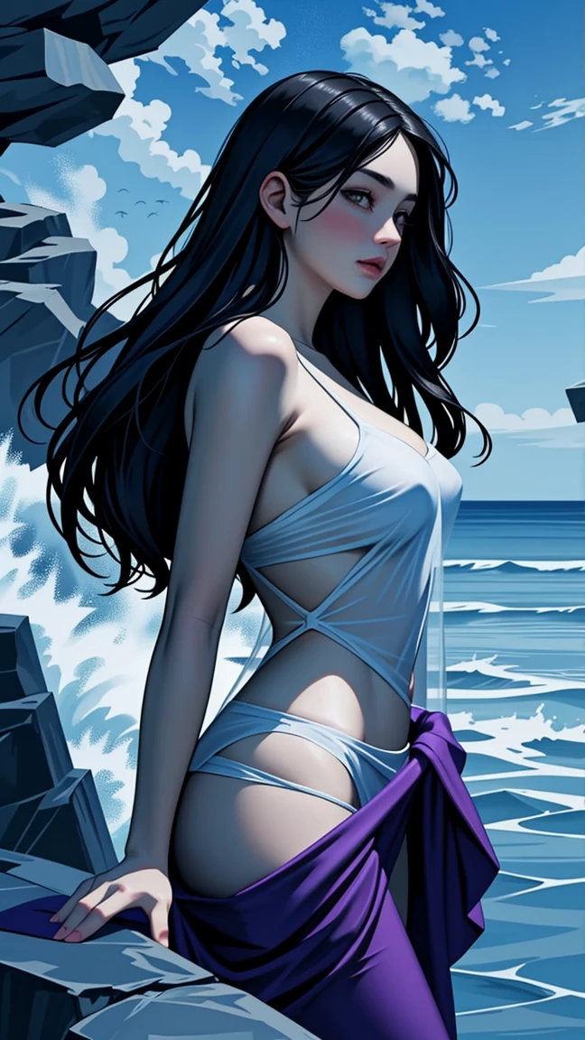 High quality bust，Reflective Transparent Opaque See-through Sarong, krakens, Long hair, 白色Long hair，Mermaid, Goddess of the sea, Ocean Goddess，Tentacles, Full face blush, Intricate details, light, excellent quality, Amazing shadows, Detailed description, Official Artwork, wallpaper, Official Art, Extremely detailed eyes and face, Beautiful and delicate eyes, black eyes, ((masterpiece, best quality)), from the side, Hook of Holland, Umbilical cord,Half-body image,cowboy shot