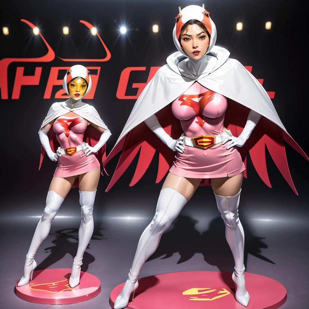ANI_CLASSIC_jun_gatchaman_ownwaifu,1girl, 15yo,good anatomy, masterpiece, best quality,realistic, hyper realistic, 16k hdr, long hair,breasts,lips,large breasts,lipstick,makeup,gloves,cape,helmet,belt,elbow gloves,white gloves,mask,ultra miniskirt,leotard,spacesuit,white tight overknee highheels boots,pink dress,superhero,bodysuit,cleavage,erected nipples,(stand pose,hands on hip),(spread legs:1.1),cameltoe