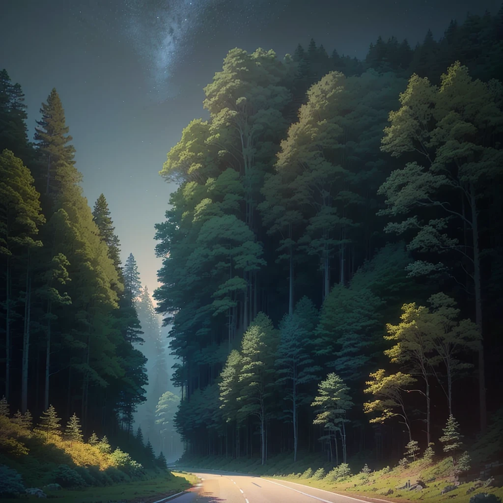 a close up of a road in a forest with a tree, ross tran. scenic background, anime background art, background art, quiet forest night scene, bussiere rutkowski andreas rocha, anime countryside landscape, nighttime nature landscape, anime lush john 8k woods, by sylvain sarrailh, inspired by Andreas Rocha, moonlit forest environment, background artwork