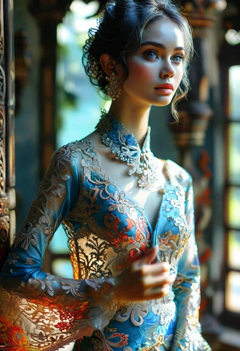 (A woman:1.5), (wearing long sleeve transparent kebaya with detailed ornate filigree, batik sarong), (elegant pose:1.4) in the morning in the traditional javanese palace, beautiful detailed eyes, grey blue eyes, beautiful face, detailed face, look at me, braid hair, s-line postures, droopy large breast, (low angle view:1.3, seen from below, extreme close up:1.2), breast focus, sunlight streaming through the building, cheerful ambient, colorful atmosphere, vivid colors, natural beauty, youthful energy