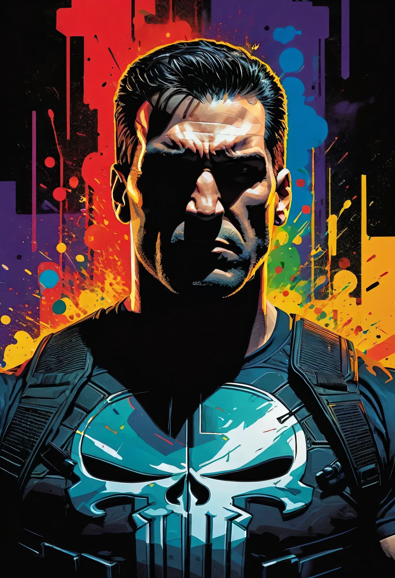 A brooding vigilante, embodying elements of Pop Art, and Cubism styles, exudes a grunge undertone in a movie poster aesthetic. Vibrant tetradic colors pop against a black light spot, creating a high-octane energy. This captivating image captures the Punisher in a dynamic and edgy manner, blending different art styles seamlessly. The details in the artwork are exquisite, showcasing the character's intense nature and complexity. The high quality of the image is undeniable, drawing viewers into the intense world of the Punisher. Sinister atmosphere. Full body.