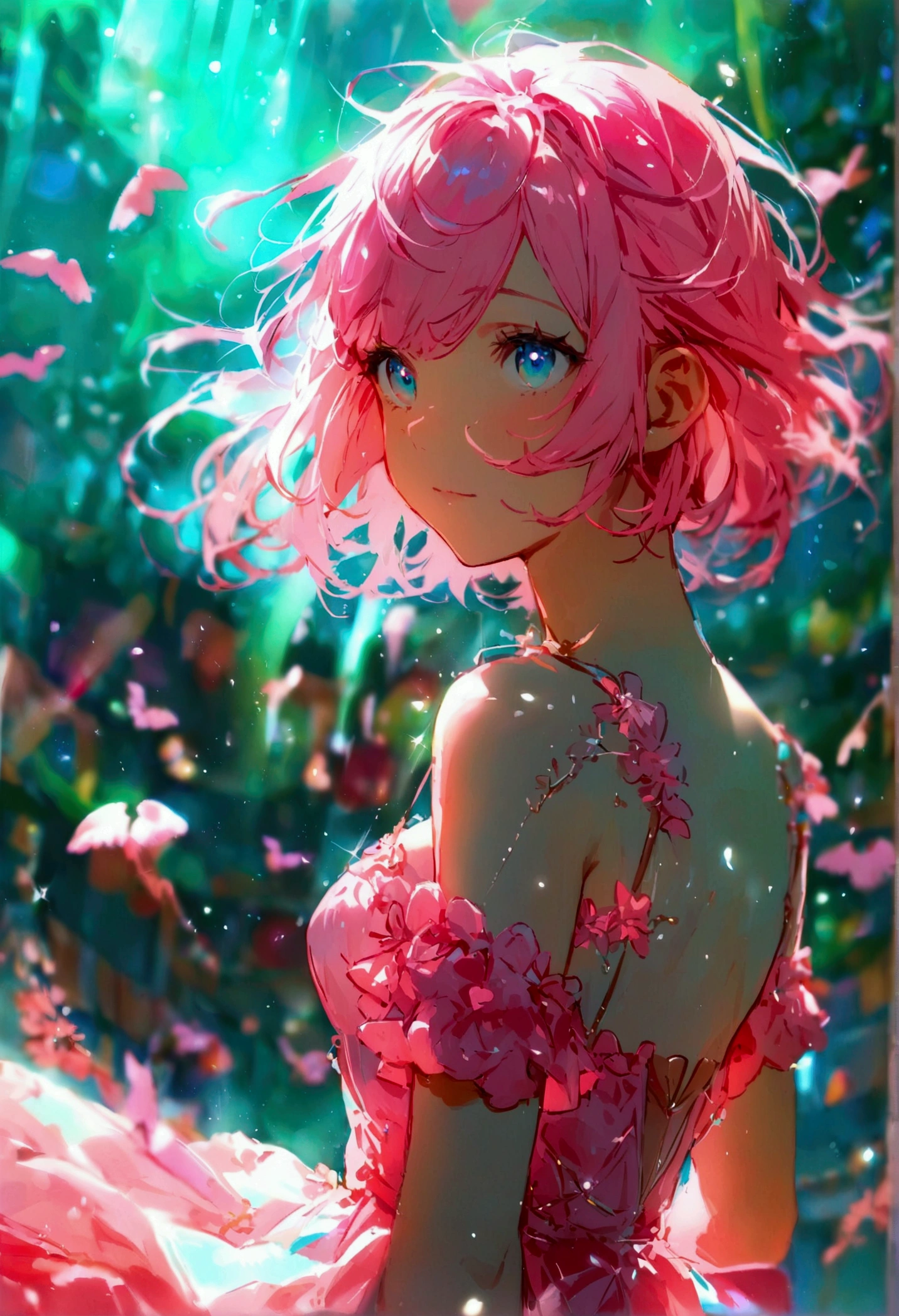 shortening, Depth of written boundary, masterpiece, Best Quality, 22 year old girl, Pink Hair, Teal Eye, Medium Hair, floating,Pink rays, alone, Watching the audience,Pink Dress, flight, Dim sunshine,