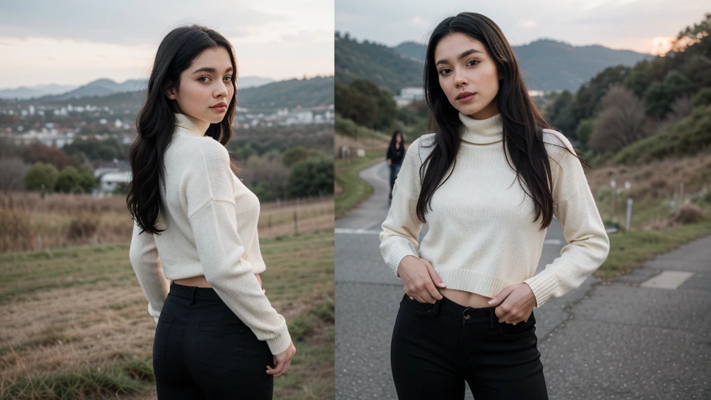 a girl(who is wearing white highneck sweater and black pant, long black hair ) is standing in side pose with a plate, more realistic, background green hills, evening scene