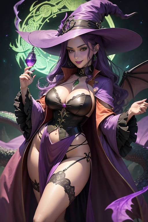Female witch, purple hair flowing, green eyes, witch hat, purple and green , short skirt, long beautiful legs showing, open blouse, cleavage showing, black stocking's, dragon magic, dragon staff, green lips, makeup, smiling face, detailed anatomy, long jacket, hour glass body shape, 