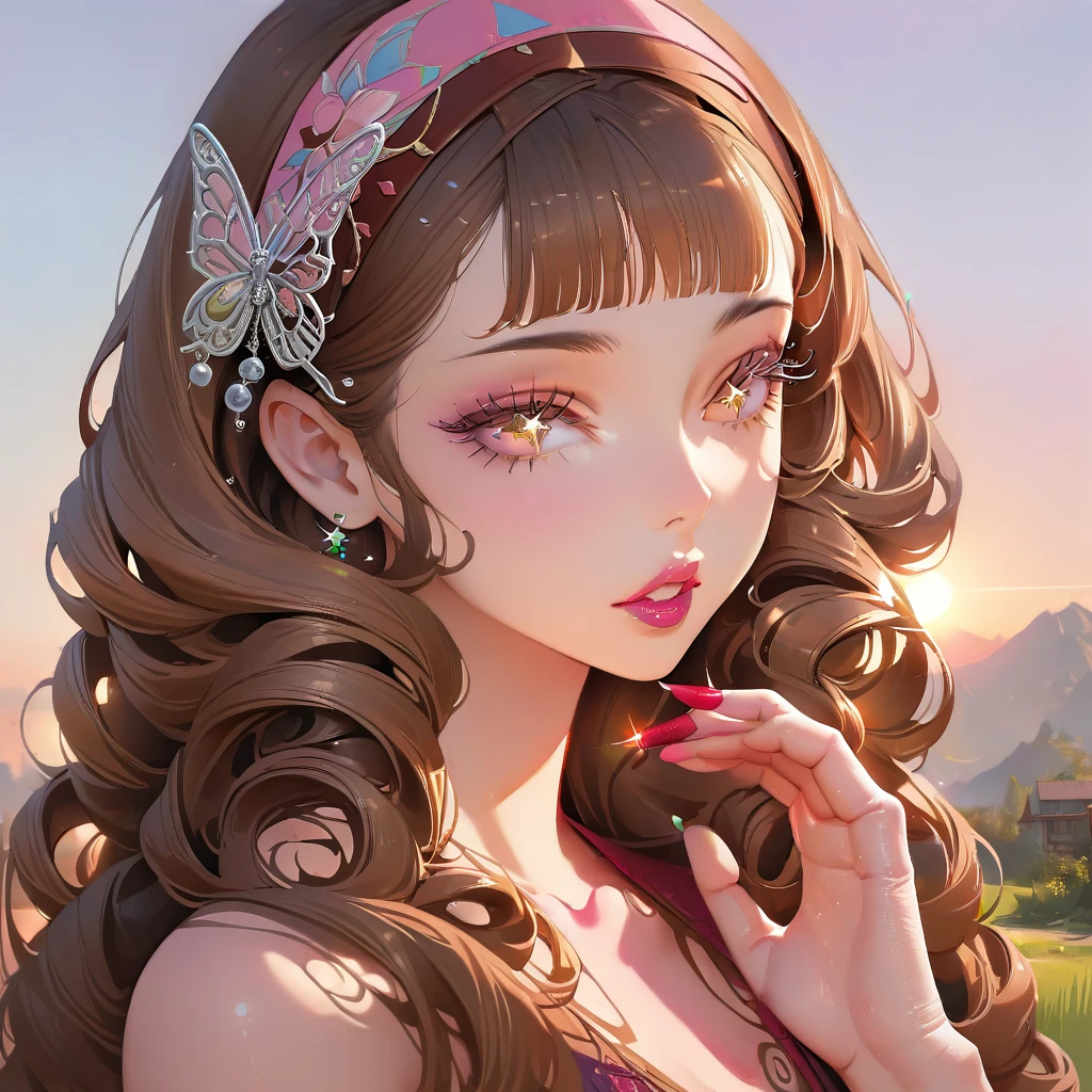 (masterpiece:1.5, best quality:1.5, absurdres), ultra-detailed, perfect anatomy, (hand reference anatomy:1), correct anatomy, 4K, 8K, realistic, detailed face, photorealistic   beautiful girl, extremely long brown hair, curly hair, curly sided bangs, detailed hair, hairband, glossy lipstick, parted lips, sparkling eyes, eyelashes, blushing, smiling   strapless summer dress, (close-up), various poses.  bright colours, rural city scenery, sunlight, depth of field, butterfly style, butterfly style