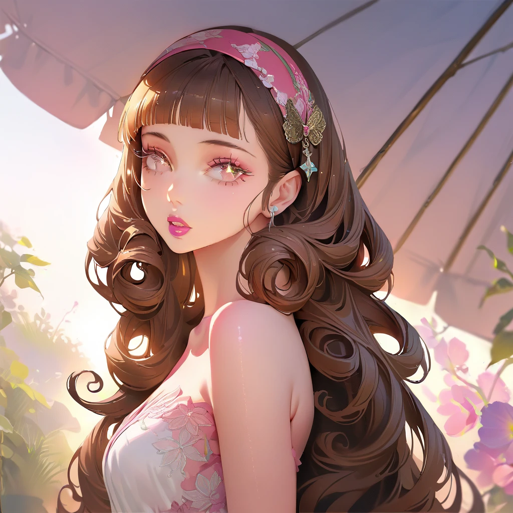 (masterpiece:1.5, best quality:1.5, absurdres), ultra-detailed, perfect anatomy, (hand reference anatomy:1), correct anatomy, 4K, 8K, realistic, detailed face, photorealistic beautiful girl, extremely long brown hair, curly hair, curly sided bangs, detailed hair, hairband, glossy lipstick, parted lips, sparkling eyes, eyelashes, blushing, smiling strapless summer dress, (close-up), various poses. bright colours, rural city scenery, sunlight, depth of field, erfly style, butty style