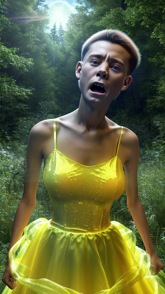 unreal engine octane render, ultra realistic photo in fairytale elven beautiful forest, closely view, (((((caucasian  boy, (male boyish head|male boyish shocked face:1.3), fear, scream a loud, short buzz cut boyish hair))))) as woman hourglass figure feminine slender body, fairy adult princess  body, hourglass feminine slender body ((tightly wrapped corset, (thin waist|slim waist:1.4))), ((huge breasts, cleavage:1.4 wide rounded hips)), (narrow shoulders|weak feminine body:1.3), (running on forest path), (enclosed in (bright yellow satin shine reflecting petticoat adult princess yellow wedding ball gown, lace bustier, glossing (dolly ball gown), glitter sparcles on yellow satin hoop crinoline voluminous petticoat princess satin sheen (bridal ball gown))), (graceful thin long neck), cinematic lighting, unreal engine octane render, (8k ultra high definition image:1.7), (Imax dolby digital movie:1.7), masterpiece