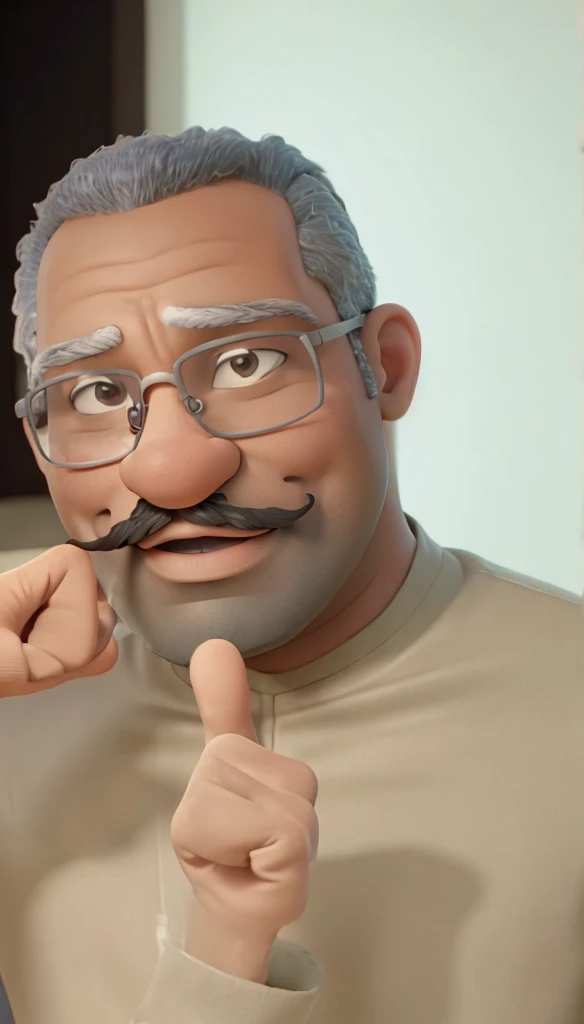 A colored man giving a thumbs up with glasses and a short mustache, wearing only a white undershirt. The background is neutral and out of focus.