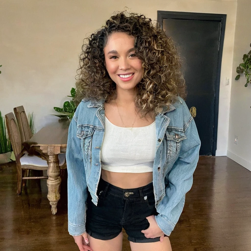 An image of a woman with voluminous wavy hair, standing confidently and smiling at the camera. She is wearing a light denim jacket with rolled sleeves, a black crop top, and high-waisted denim shorts. Her right hand rests on her hip, and her left arm is relaxed at her side. The setting is simple, with soft lighting that highlights her friendly demeanor and casual style.