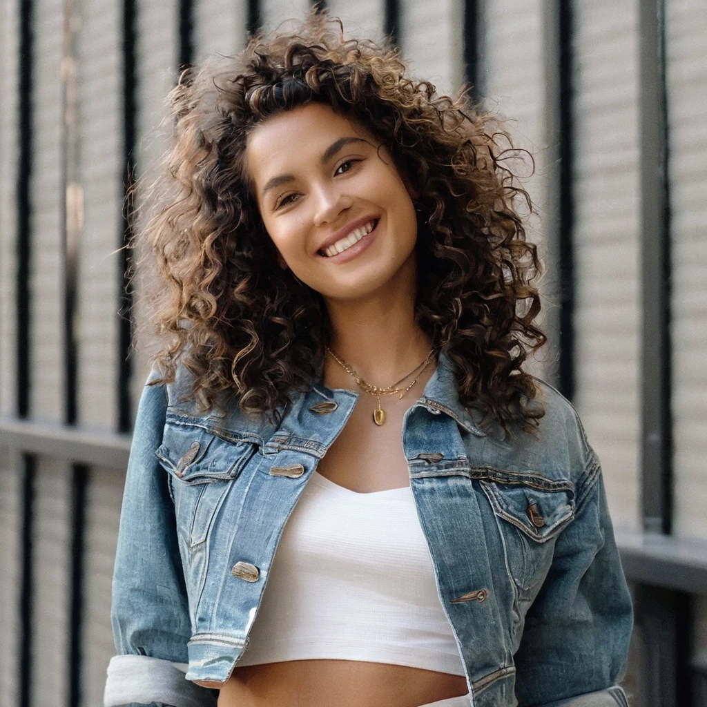 An image of a woman with voluminous wavy hair, standing confidently and smiling at the camera. She is wearing a light denim jacket with rolled sleeves, a black crop top, and high-waisted denim shorts. Her right hand rests on her hip, and her left arm is relaxed at her side. The setting is simple, with soft lighting that highlights her friendly demeanor and casual style.