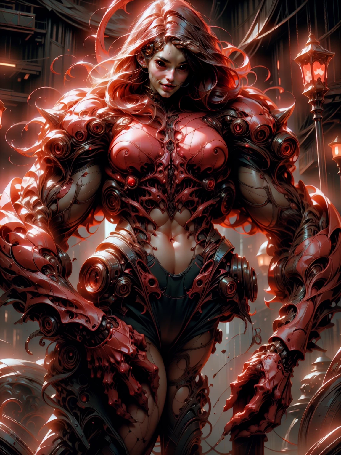 (1 girl), (megan fox), young girl, carnage muscular physique, seductive face, mouth wide open carnage style, long red hair, perfect muscular body, super skinny legs, cybernetic muscle suit, sissy, femboy, (carnage style physique),Fixhand, E-Girls_Mansion_Yang, kkw-colorc-neg, kkw-ph1