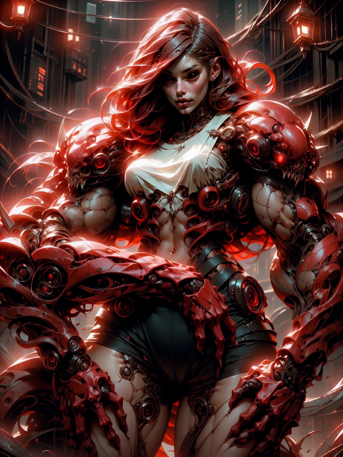 (1 girl), (megan fox), young girl, carnage muscular physique, seductive face, mouth wide open carnage style, long red hair, perfect muscular body, super skinny legs, cybernetic muscle suit, sissy, femboy, (carnage style physique),Fixhand, E-Girls_Mansion_Yang, kkw-colorc-neg, kkw-ph1