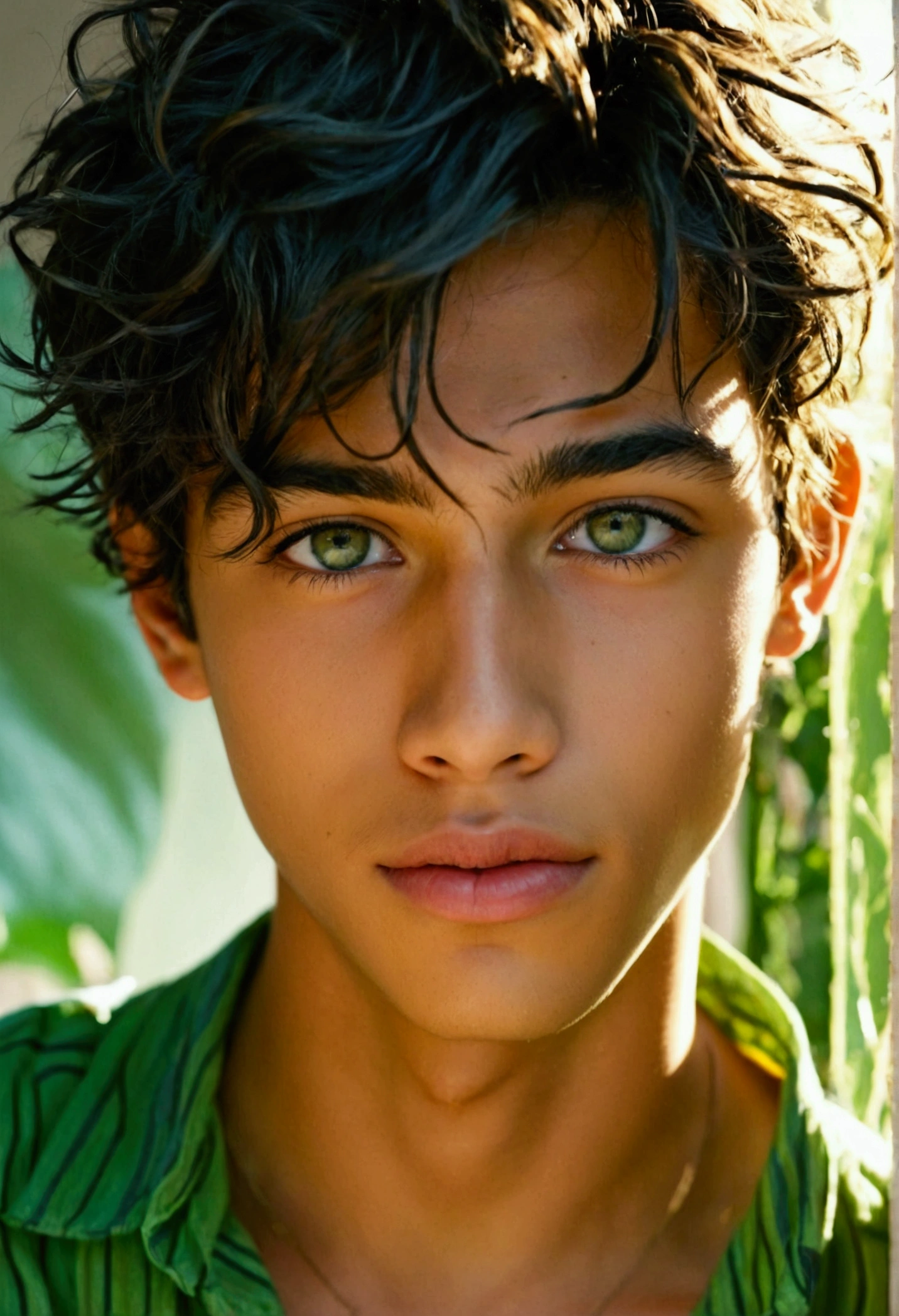 1 hermaphrodite boy, light green and friendly round eyes, healthy clear skin a little golden, full lips, Hispanic Latino mixed race 18 years old, short wavy blonde hair