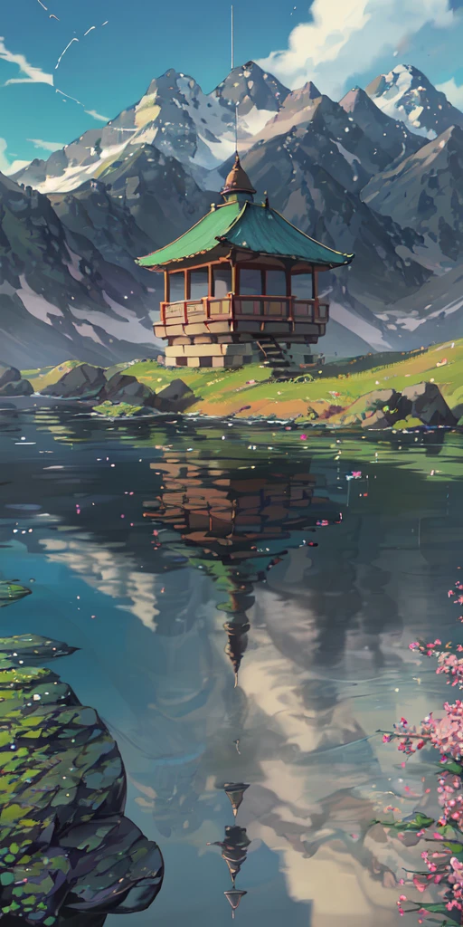 Chinese ancient times, spring, jungle, lake, cave, waterfall, tree, meadow, rock, deer, hot spring, water vapor, (illustration: 1.0), epic composition, realistic lighting, HD details, masterpiece, best quality, (very detailed CG unified 8k wallpaper), digital painting, локация, локация из игры, большая локация, светящиеся эффекты на заднем плане, туман на первом плане с эффектами сияния, красочное, нет персонажей, без персонажей, только локация, милый стиль, аниме стиль, ночью