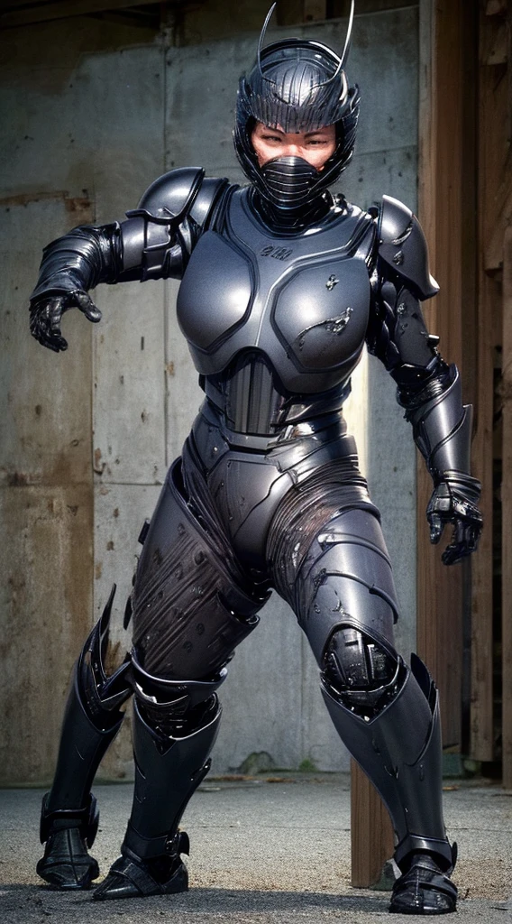 ((lie face up on the ground))((Full Body Shot))Middle-aged women Sweaty face、Black Weight Robot Suit、full black armor, Black Hair、Heavy Cyborg、Sweaty face、、Spread your legs、((Heavily damaged armor))、Open your mouth、、((Headgear damage.)) Sexy Eyes Cracks in the ground、Bleeding from the mouth、The whole body is damaged、bare hands water from crotch