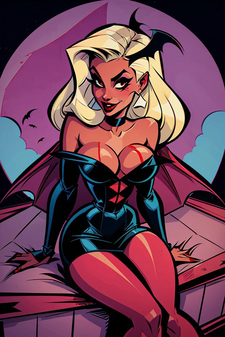 a retro cartoon style pinup, vampire sitting in her coffin drinking a bag of blood,