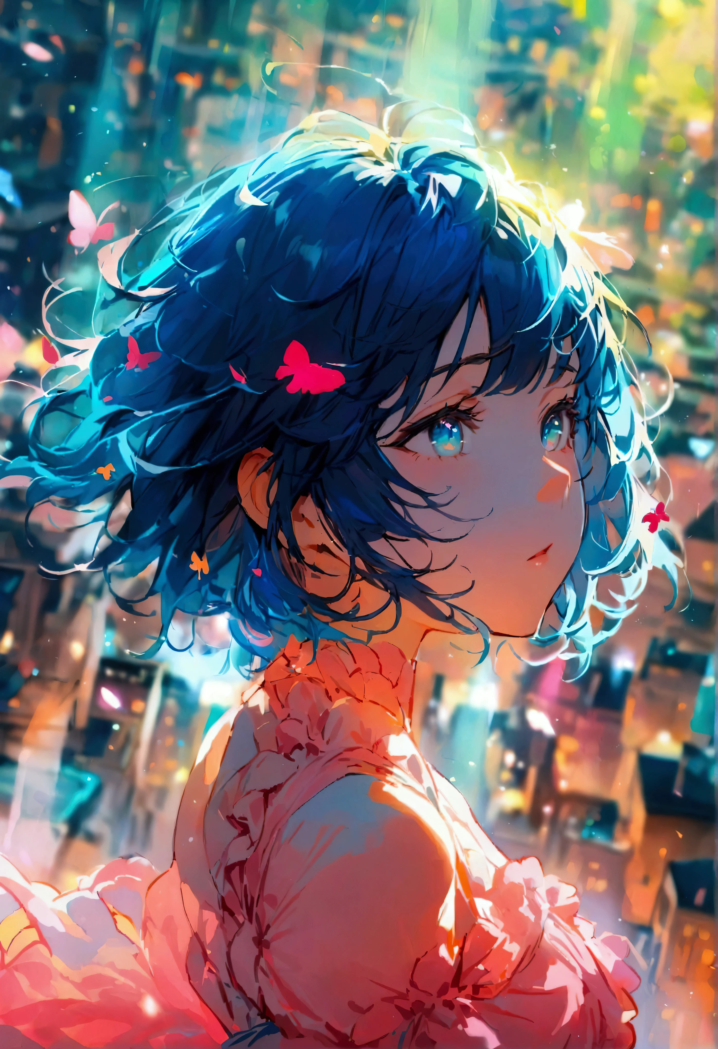 shortening,  Depth of written boundary, masterpiece, Best Quality, 22 year old girl, Navy Blue Hair, Teal Eye,  Medium Hair, floating,Pink rays, alone, Watching the audience,Pink Dress, flight,  Dim sunshine,