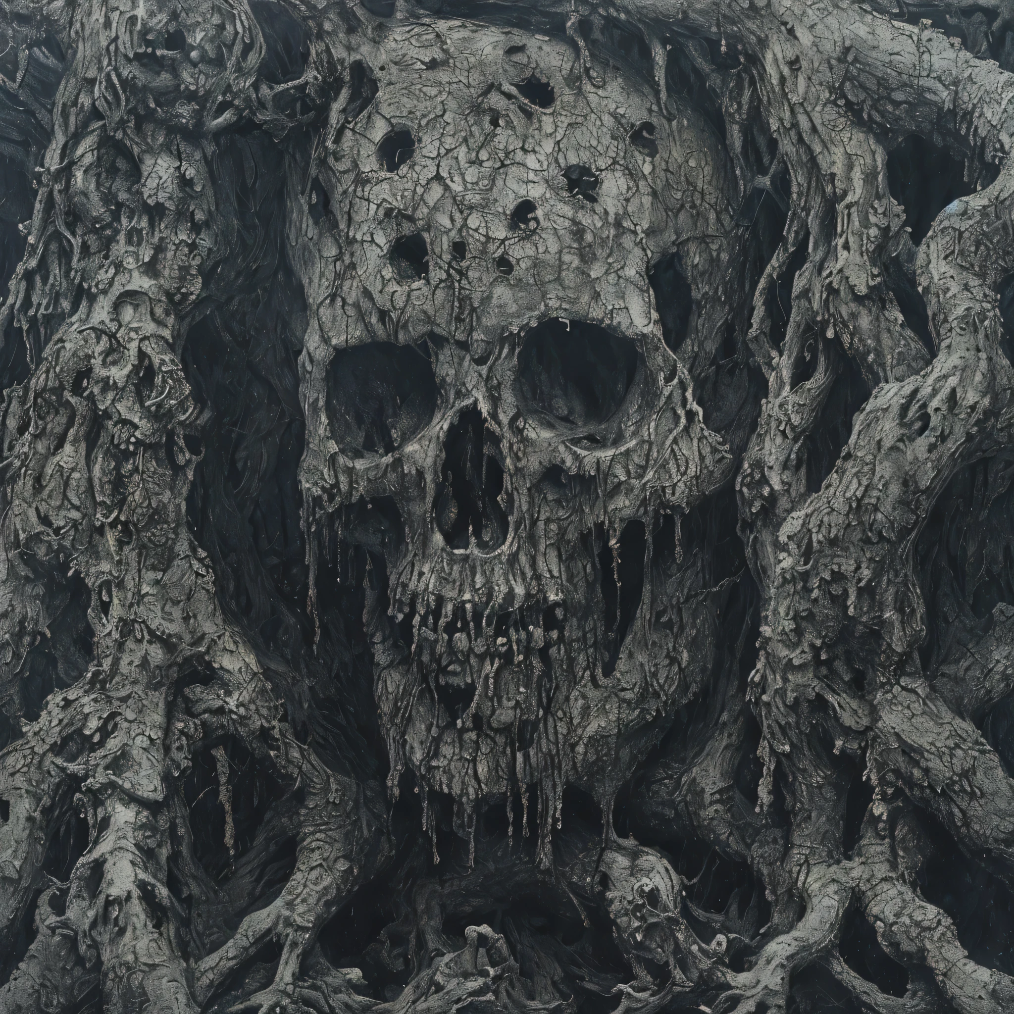 detailed polished driftwood, stoneware rorschach test, skull inside dead tree, zdzislaw beksinski style, salvador dali surrealism, dramatic oil painting, intricate details, dark moody atmosphere, high contrast lighting, muted color palette, twisted organic forms, dreamlike and unsettling, photorealistic, masterpiece, 8k, ultra-detailed