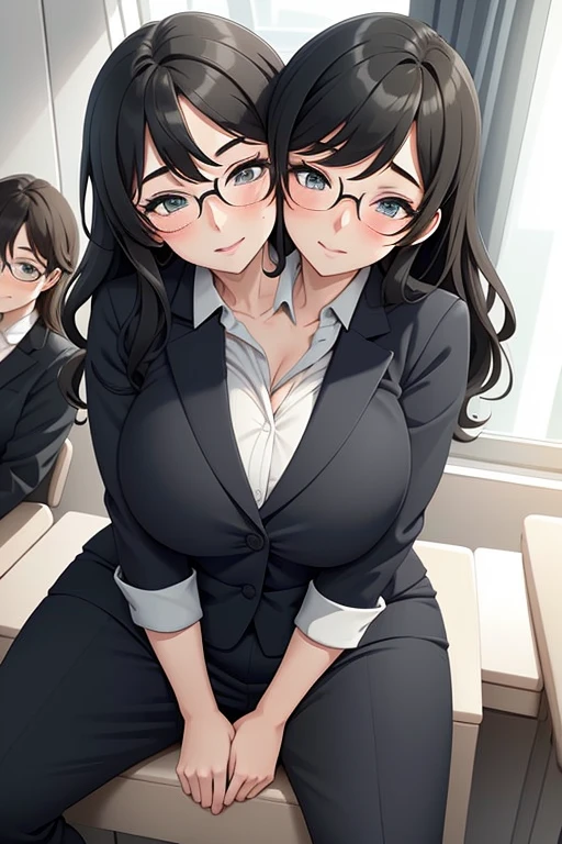 2heads, a tall chubby woman with 2 heads. She is wearing business attire. She is in an executive office. Straddling viewer, having sex with viewer. She looks nerdy. Large circular glasses. She is smiling wide. She looks drunk. She has messy hair. She is very tall and chubby. She looks young. Blushing, aroused. Drunk, intoxicated.