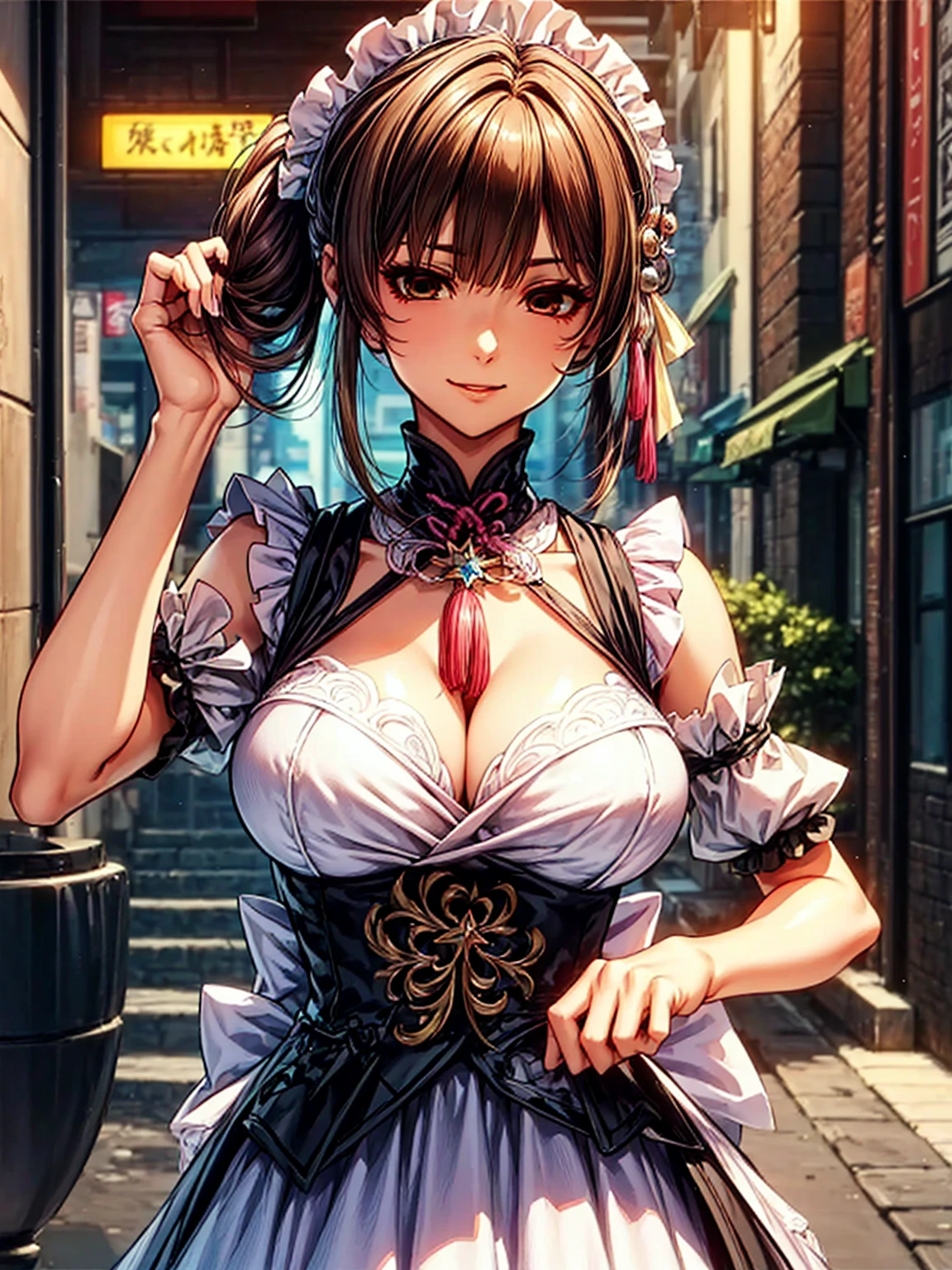 top-quality、tmasterpiece、Very high resolution、super high image quality、High-quality pixels)、perfect eyes, perfect face, perfect body figure,solo,8K, large breast,(Detailed description of hair), (Detailed description of face),(Detailed description of body), fair and clear skin, matchless beauty, long legged, light pink hair details expressed, The details have been upgraded, brown hair, twin ponytails, brown eyes, maid costume, chinese style maid costume, girlfriend ssmile, ancient chinese street, sushang(Honkai Star Rail)