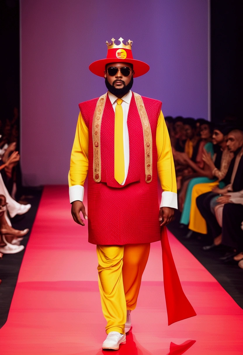 a photo of a fashion ramp walk event, where model wears cloth in the theme of burger king company, professional photo
