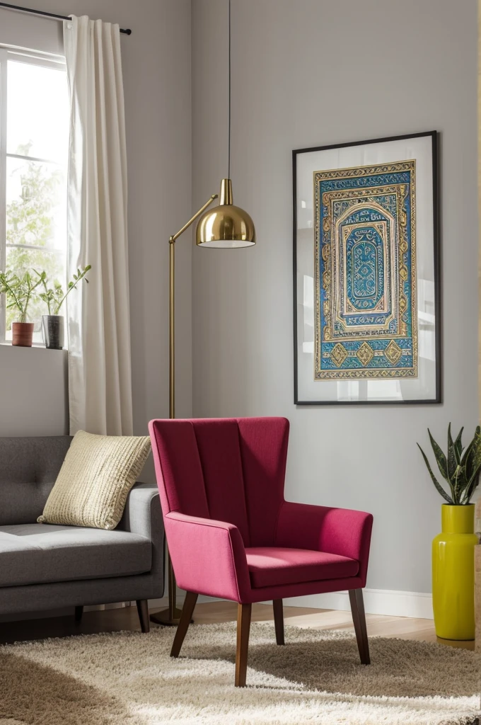 Create a chair with the background of a modern room alluding to advertising for Peruvian national holidays. And it has the name of the company " CAROLINA HOME DECO "
