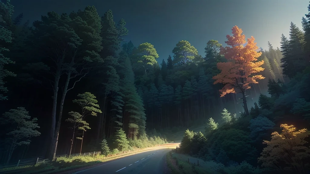 a close up of a road in a forest with a tree, ross tran. scenic background, anime background art, background art, quiet forest night scene, bussiere rutkowski andreas rocha, anime countryside landscape, nighttime nature landscape, anime lush john 8k woods, by sylvain sarrailh, inspired by Andreas Rocha, moonlit forest environment, background artwork