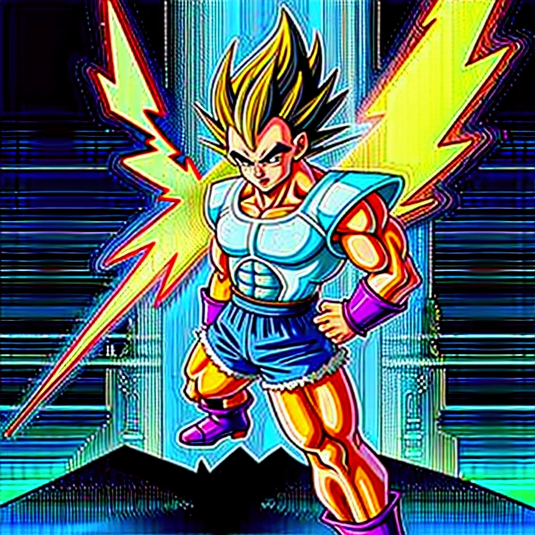 full-body shot, dragon ball Super art style, (young muscular bulky brawny, one saiyan monkey tail, Vegeta), Full power Legendary Super Saiyan, all glowing green hair, thicker eyebrows, glowing yellow eyes, subtle grin expression, in a big bang attack stance, green kai lightning surrounds him, all black clothes, night with city in the background, ((solo)),